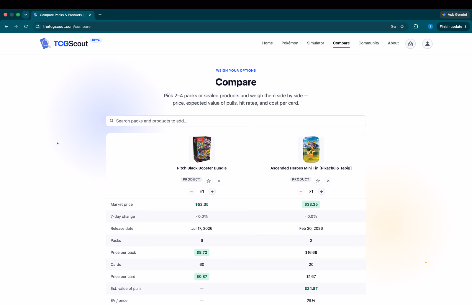 TCGScout compare page screenshot