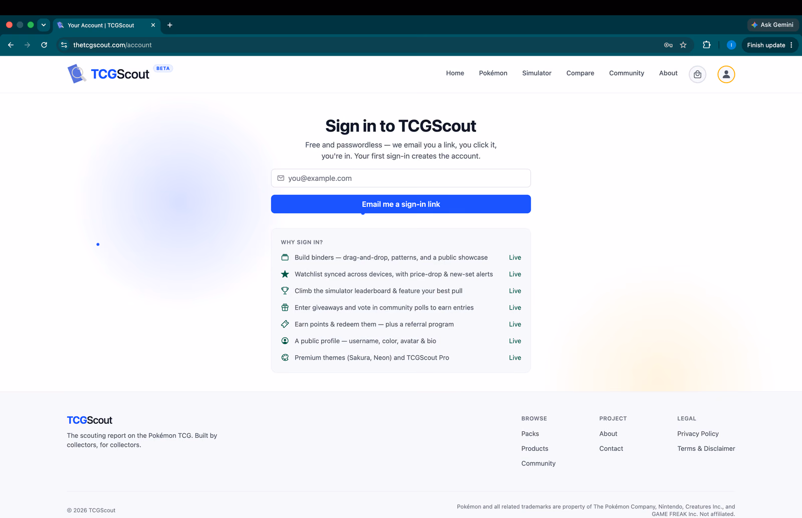 TCGScout sign-in page screenshot
